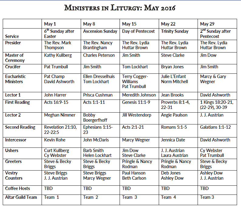 Ministers in Liturgy: May 2016