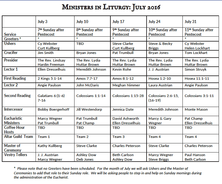 Ministers in Liturgy – July 2016