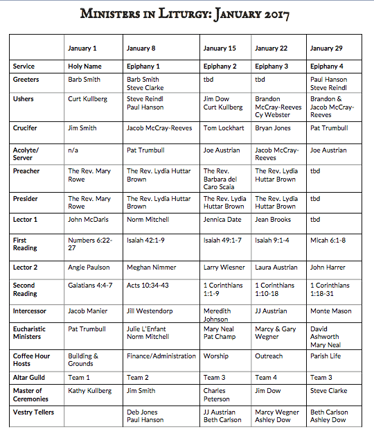 Ministers in Liturgy January 2017