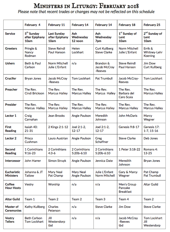 Ministers in Liturgy – February 2018